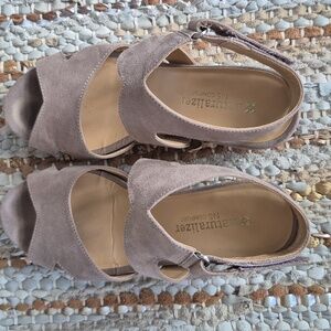 Taupe Suede Open-Toe Wedge Sandals
